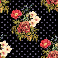 Watercolor bouquet flowers on black speckled background. Floral seamless pattern for fabric.