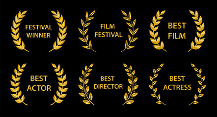 Film Awards. Gold award wreaths on black background. Vector illustration.