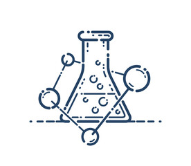 Chemical flask and molecule connections vector simple linear icon, science chemistry line art symbol, laboratory research.