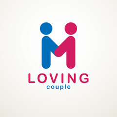 Happy couple simple vector logo or icon created with people geometric signs in a shape of arrows. Tender and loving relationship of man and woman, boyfriend and girlfriend.