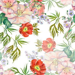 Obraz premium Watercolor bouquet flowers on white background. Floral seamless pattern for fabric.