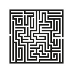 Black square vector maze isolated on white background. Black labyrinth with one right way. Vector maze icon. Labyrinth symbol. Kids puzzle