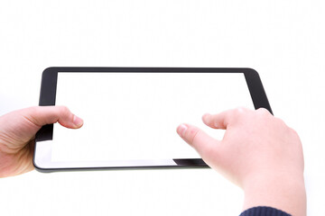 Boy hand touching white screen of tablet