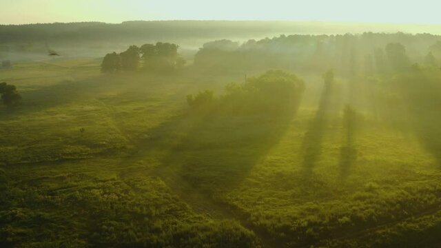 Aerial view over a valley with mist at sunrise. Slow drone flying over summer river, meadow and forest. The rays of the sun make their way through the fog. 
