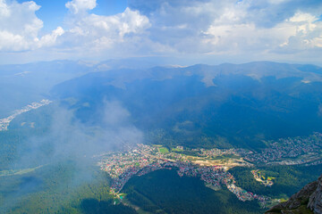 Aerial mountain city view from above