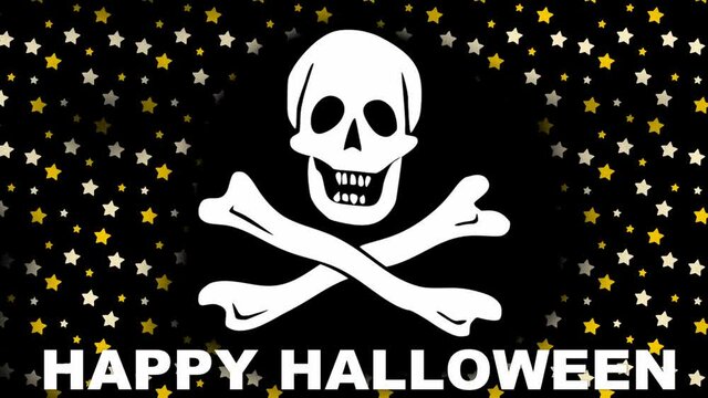 Happy Halloween banner with a rippling image of the skull and crossed bones. Against the background of a colorful star changing colors. FullHD animation
