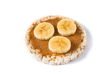 Puffed rice cake with banana and peanut butter isolated on white background	