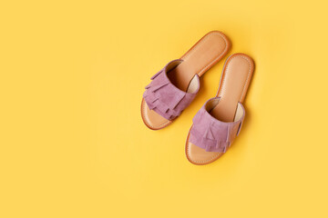 Stylish new shoes on a colored background, top view. Top view, flat lay. Beauty blog concept.