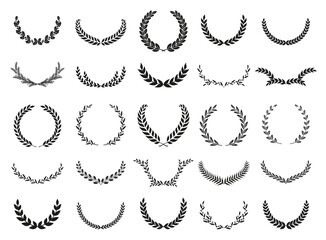 Collection of different black and white silhouette circular laurel foliate, wheat and oak wreaths depicting an award, achievement, heraldry, nobility. Vector illustration.