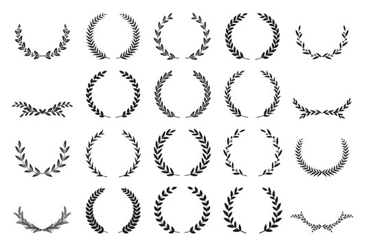 Collection of different black and white silhouette circular laurel foliate, wheat and oak wreaths depicting an award, achievement, heraldry, nobility. Vector illustration.