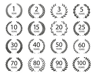 Set of anniversary laurel wreaths. Black and white anniversary symbols. 1, 2,3, 5, 10, 15, 20, 25, 30,40,50, 60, 70, 80,90,100 years. Template for award and congratulation design. Vector illustration.