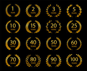 Fototapeta premium Set of anniversary laurel wreaths. Golden anniversary symbols. 1, 2, 3, 5, 10, 15, 20, 25, 30, 40, 50, 60, 70, 80, 90, 100 years. Template for award and congratulation design. Vector illustration.