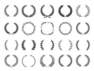 Collection of different black and white silhouette circular laurel foliate, wheat and oak wreaths depicting an award, achievement, heraldry, nobility. Vector illustration.