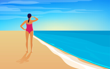 Obraz na płótnie Canvas A young woman is standing on the seashore and watching the sunset. Cartoon vector illustration