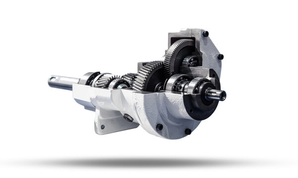Gear reducer isolated on white. Gearwheels speed reducer cross section.