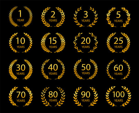 Set of anniversary laurel wreaths. Golden anniversary symbols. 1, 2, 3, 5, 10, 15, 20, 25, 30, 40, 50, 60, 70, 80, 90, 100 years. Template for award and congratulation design. Vector illustration.