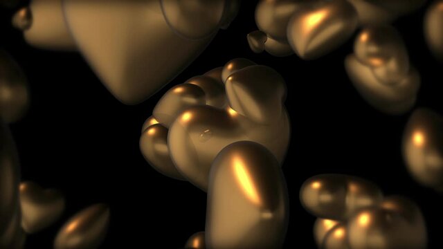 3D animation of flying gold heart balloons isolated on black background for celebration event and Valentine day, Birthday party, wedding or any holiday. Animation of seamless loop. Full HD