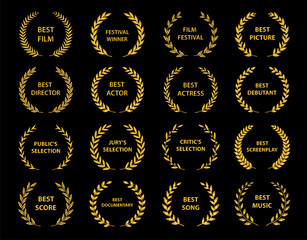 Film Awards. Golden award wreaths on black background. Vector illustration.