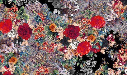 Seamless floral background scarf art abstract design textile. seamless beautiful artistic bright tropical pattern with exotic forest. Colorful Fabric Flower pattern. Beautiful vintage Floral © hellodesignen