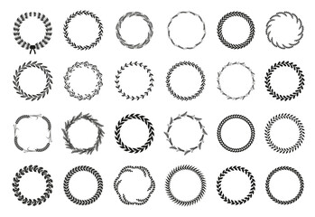 Collection of different black and white silhouette circular laurel foliate, wheat and oak wreaths depicting an award, achievement, heraldry, nobility. Vector illustration.