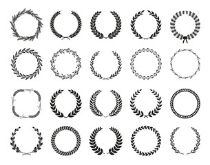Collection of different black and white silhouette circular laurel foliate, wheat and oak wreaths depicting an award, achievement, heraldry, nobility. Vector illustration.