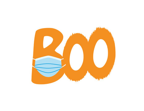 Boo icon with White Orange letters wearing Blue surgical mask on White background