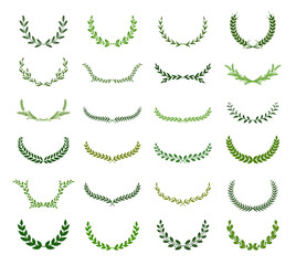 Set of green silhouette laurel foliate, olive, wheat and oak wreaths depicting an award, achievement, heraldry, nobility. Vector illustration.