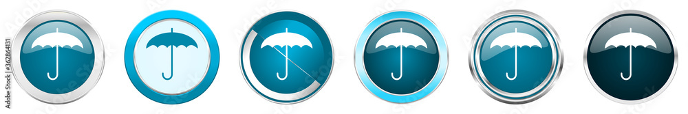 Aufkleber umbrella silver metallic chrome border icons in 6 options, set of web blue round buttons isolated on