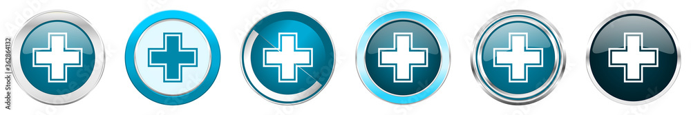 Poster Pharmacy silver metallic chrome border icons in 6 options, set of web blue round buttons isolated on white background