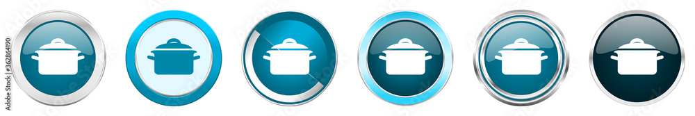Poster Cook silver metallic chrome border icons in 6 options, set of web blue round buttons isolated on white background