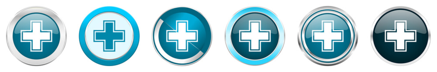 Pharmacy silver metallic chrome border icons in 6 options, set of web blue round buttons isolated on white background