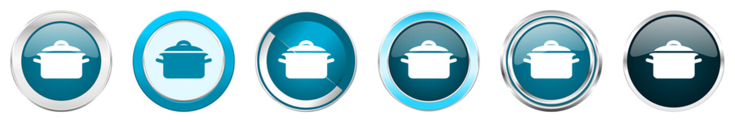Cook silver metallic chrome border icons in 6 options, set of web blue round buttons isolated on white background