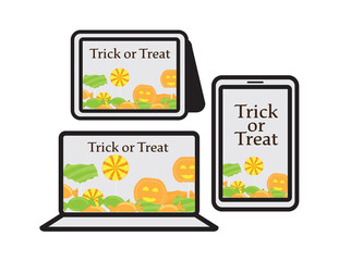 Online trick or treat set, smartphone, tablet and laptop with trick or treat text and candies