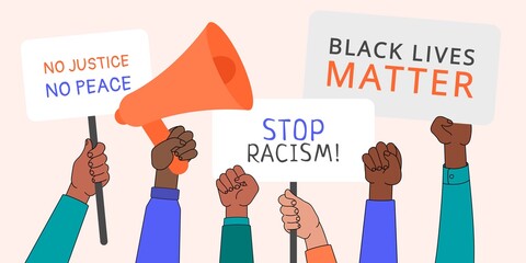 Black lives matter horizontal banner with protest fist in the air. BIPOC.Stop racism. Black lives matter graphic poster design template against racial discrimination background multicolored community