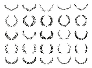 Collection of different black and white silhouette circular laurel foliate, wheat and olive wreaths depicting an award, achievement, heraldry, nobility. Vector illustration.