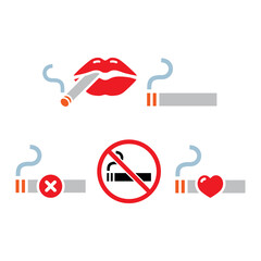 Sexy lips with cigarette, no smoking vector icon set in color on white background