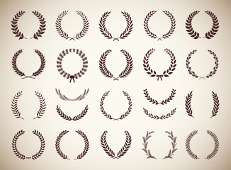 Set of twenty two circular vintage laurel wreaths. Can be used as design elements in heraldry on an award certificate, manuscript and to symbolise victory illustration in silhouette