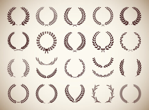 Set of twenty two circular vintage laurel wreaths. Can be used as design elements in heraldry on an award certificate, manuscript and to symbolise victory illustration in silhouette