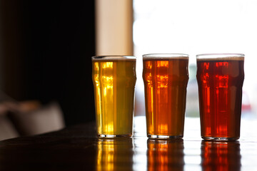 Lager, ale and barley drink in glasses on table on window background