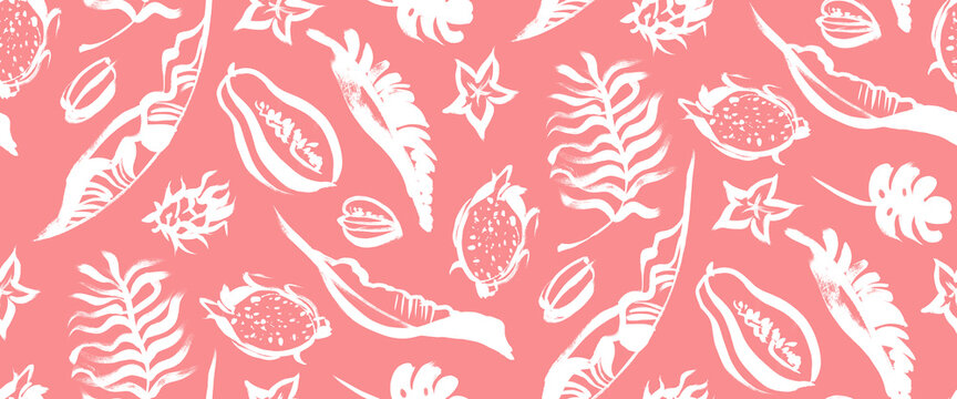 tropical fruit print with palm leaves and papaya pattern painted with a dry brush for the production of fabrics and textiles and surface design