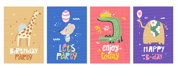 Set of cards with animals. Holiday, event, anniversary party invitation card. Vector illustrations for  poster, birthday cards. Children's design. Cartoon illustration.