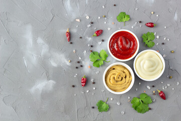Set of various sauces with spices on gray stone background. Mayonnaise ketchup mustard.