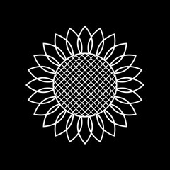 Sunflower icon. Vector illustration. Simple style. White element outline on black background. Great for the design of banners, elements of decoration, logo, label, stickers, cards, prints, etc.