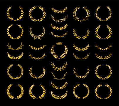 Collection of different golden silhouette laurel foliate, wheat and olive wreaths depicting an award, achievement, heraldry, nobility, game dev. Vector illustration.