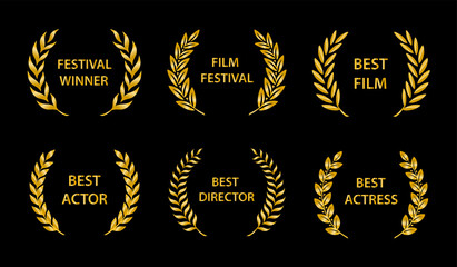 Film Awards. Gold award wreaths on black background. Vector illustration.