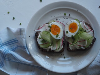 View from above.Light background with organic food sandwiches, egg and vegetables. Healthy natural summer food.
