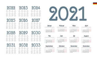 German Calendar for 2021-2033. Week starts on Monday