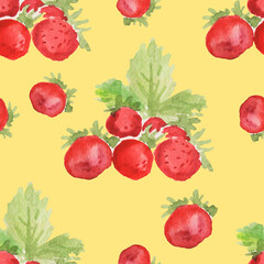 Seamless pattern. Watercolor hand-drawn illustration. Berries and leaves of strawberries, strawberries. Natural healthy products, fresh. Fruits and vegetarian food. Print, textile, paper.
