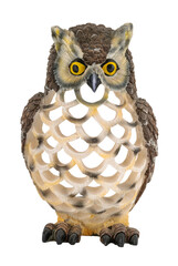 Ceramic owl statuette isolated on white background. Bright color. Big yellow eyes.