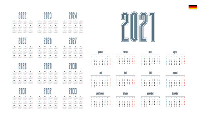 German Calendar for 2021-2033. Week starts on Monday